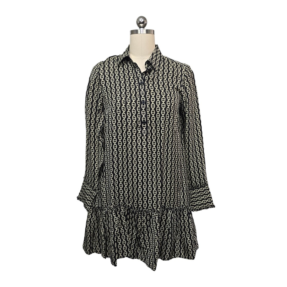 NWT J. Crew Chain Print Shirt Dress Black Tan Viscose Long Sleeve Ruffle Size XS